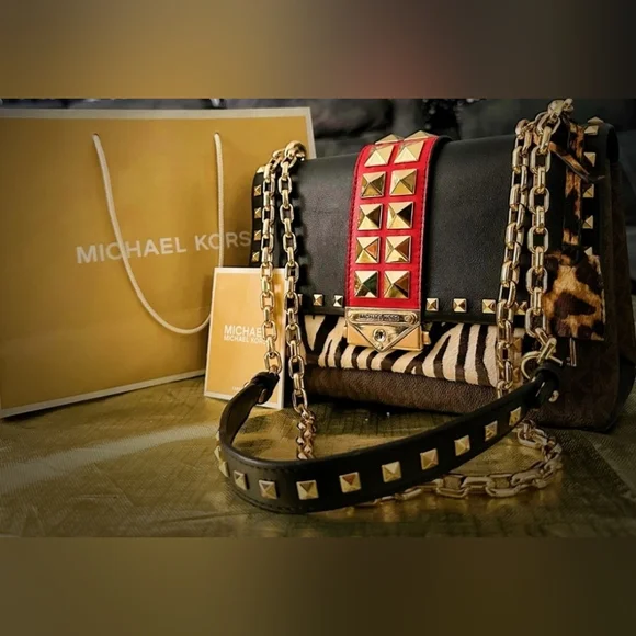 Michael Kors Cece Medium Logo Mixed-Media Convertible Black & Red Studded Bag - Picture 9 of 15